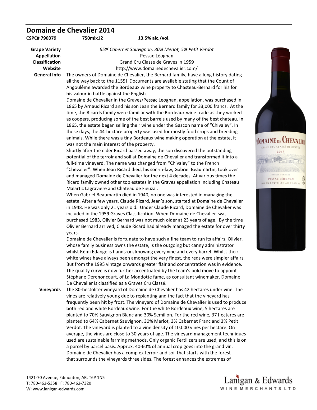 Domaine De Chevalier 2014 CSPC# 790379 750Mlx12 13.5% Alc./Vol