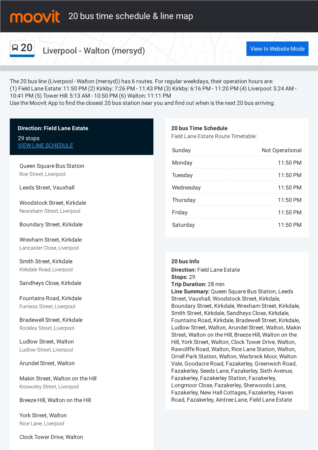 20 Bus Time Schedule & Line Route