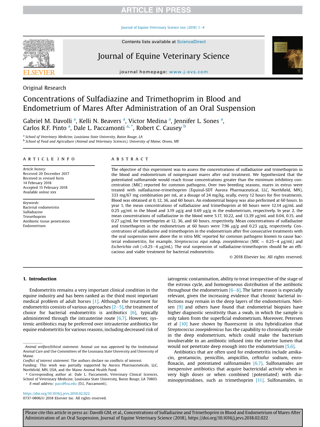 Concentrations of Sulfadiazine and Trimethoprim in Blood and Endometrium of Mares After Administration of an Oral Suspension