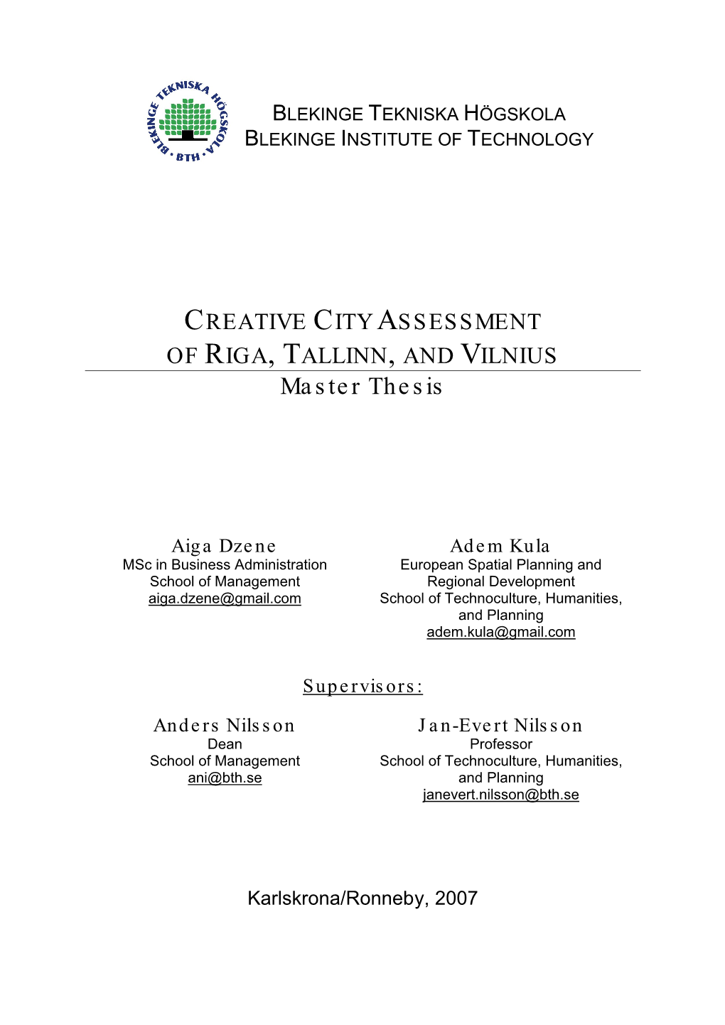 Creative City Assessment of Riga, Tallinn, and Vilnius