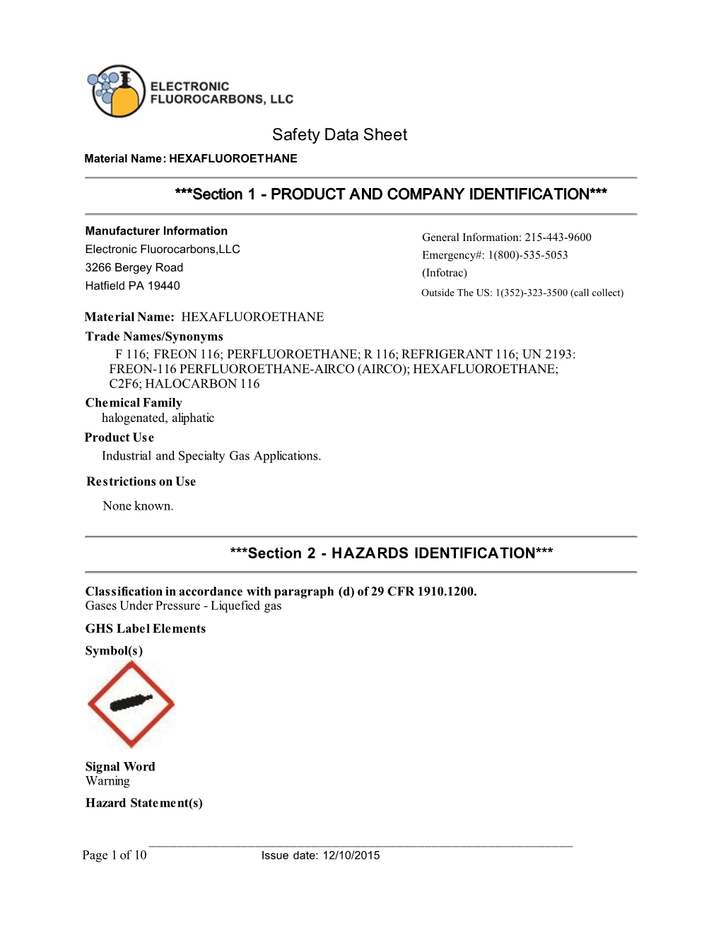 Safety Data Sheet Material Name: HEXAFLUOROETHANE