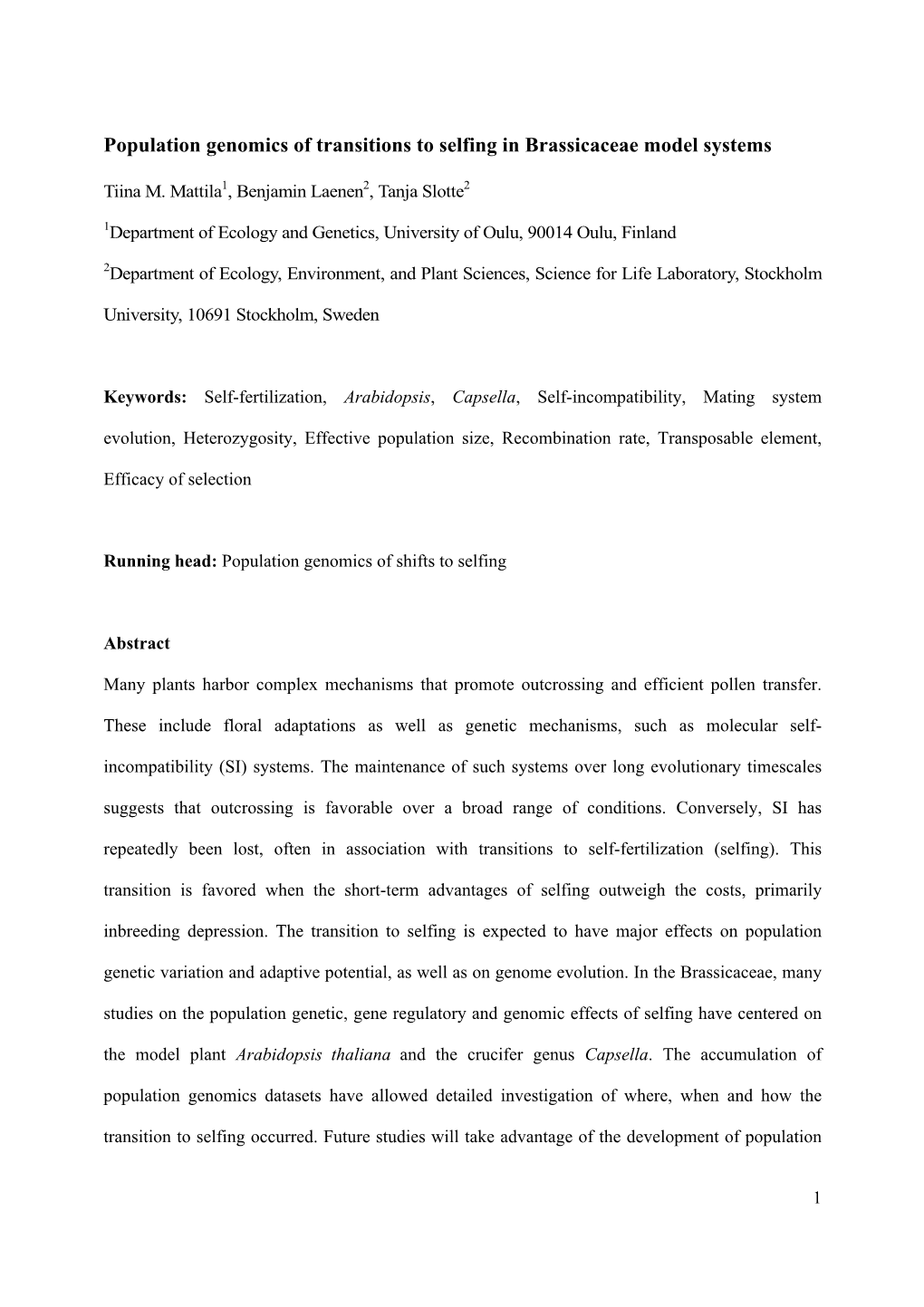 Population Genomics of Transitions to Selfing in Brassicaceae Model Systems