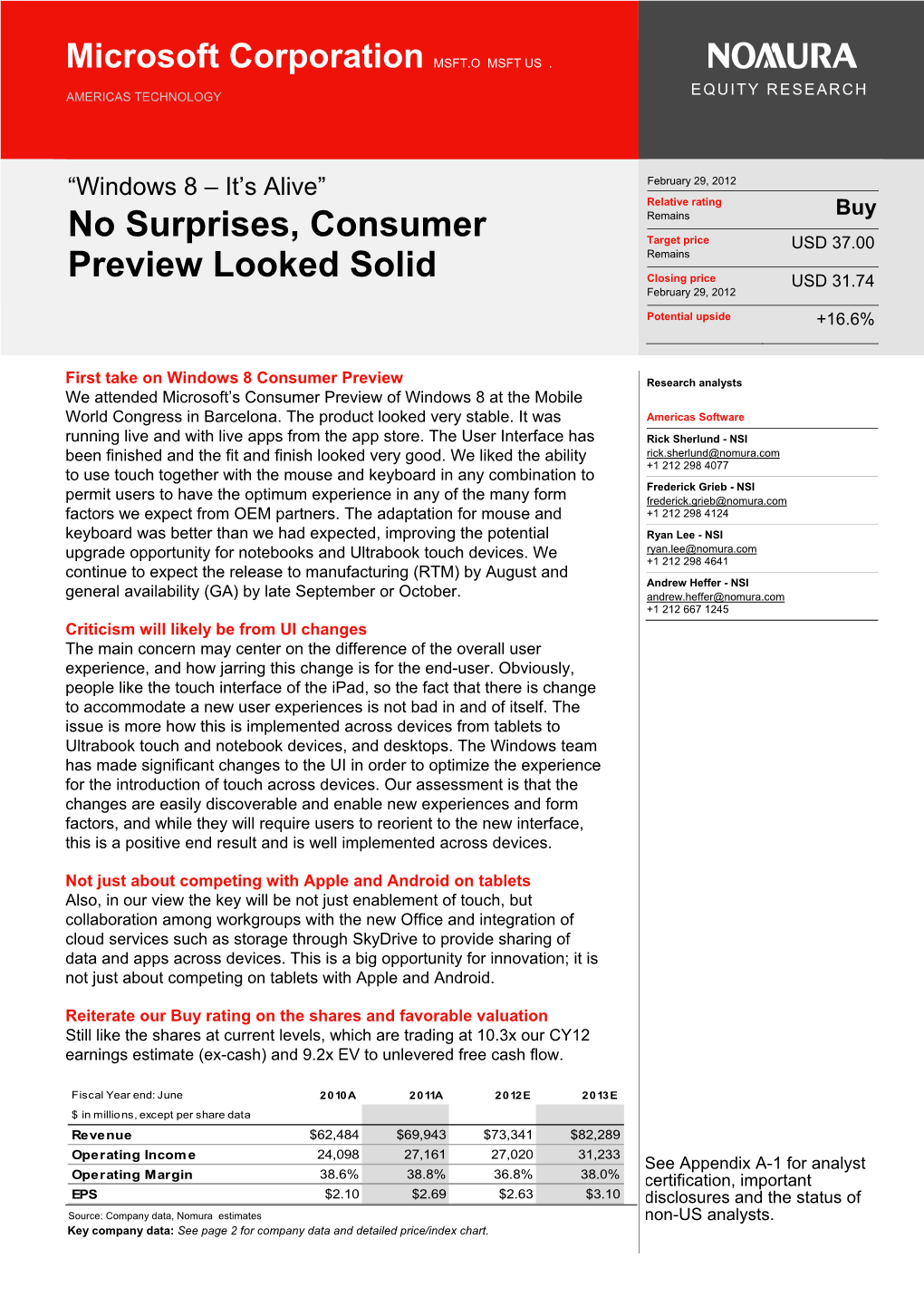 No Surprises, Consumer Preview Looked Solid