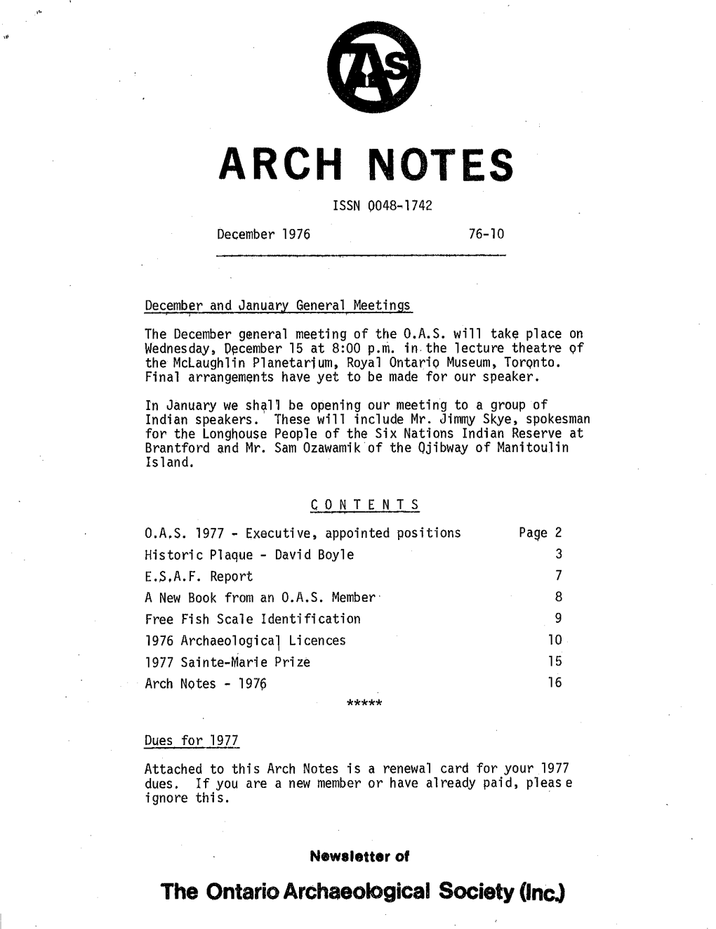 ARCH NOTES ISSN 0048~ 1742 December 1976 76-10