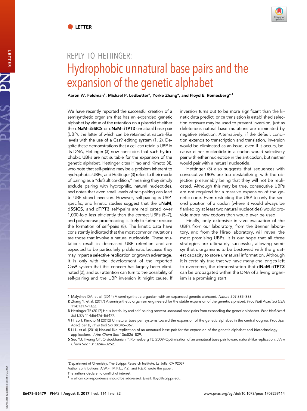 Hydrophobic Unnatural Base Pairs and the Expansion of the Genetic Alphabet Aaron W