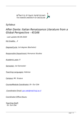 Syllabus After Dante: Italian Renaissance Literature from a Global Perspective - 45166