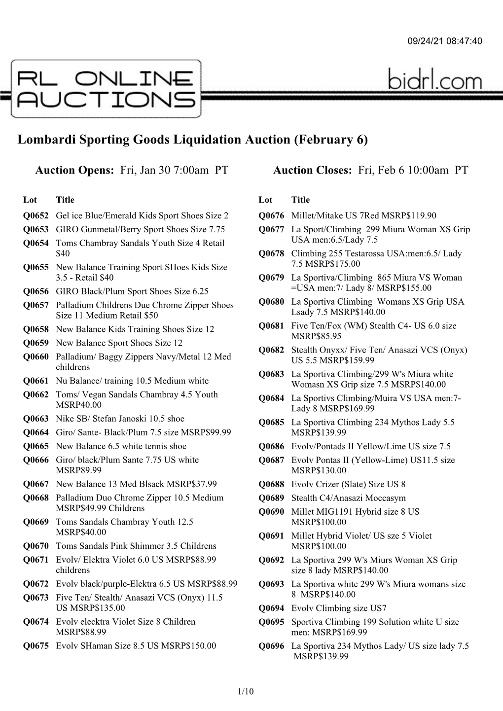 Lombardi Sporting Goods Liquidation Auction (February 6)