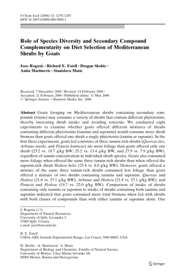 Role of Species Diversity and Secondary Compound Complementarity on Diet Selection of Mediterranean Shrubs by Goats