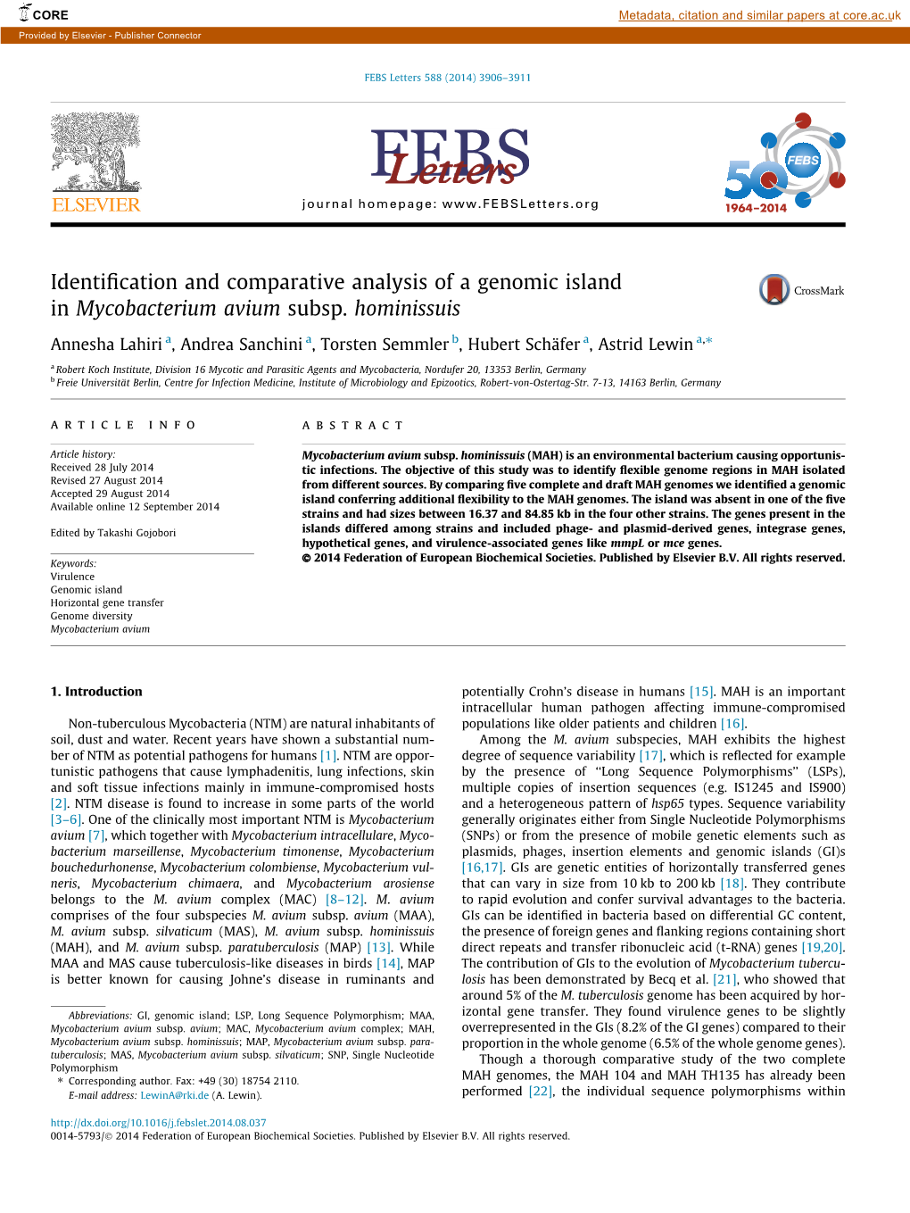 Identification and Comparative Analysis of a Genomic Island in Mycobacterium Avium Subsp. Hominissuis