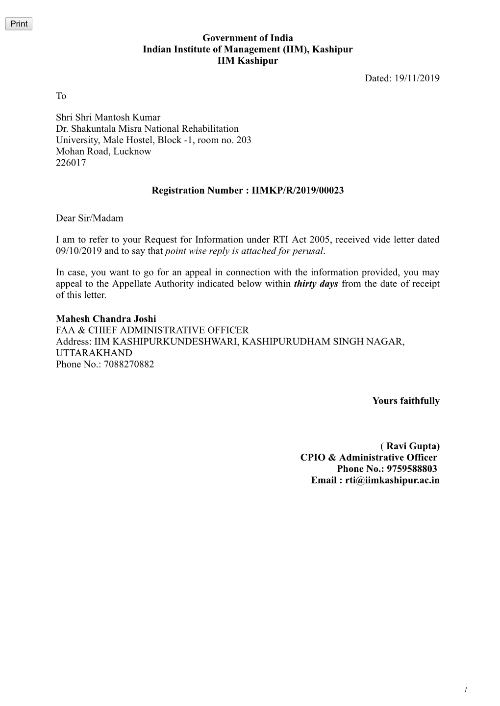 Government of India Indian Institute of Management (IIM), Kashipur IIM Kashipur Dated: 19/11/2019 To