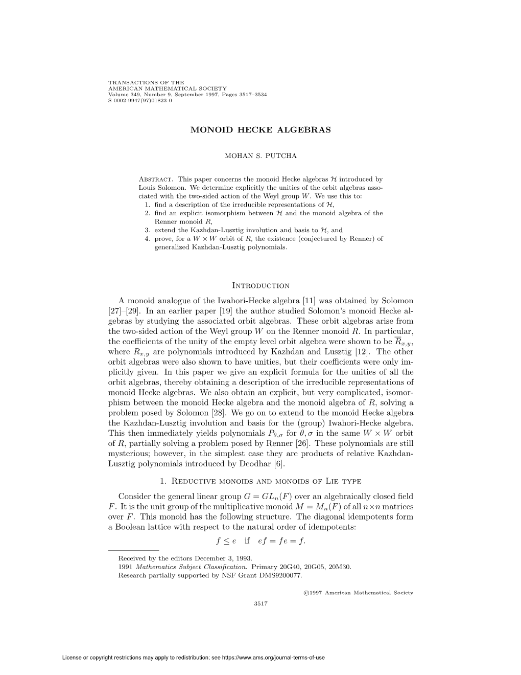 MONOID HECKE ALGEBRAS Introduction a Monoid Analogue Of