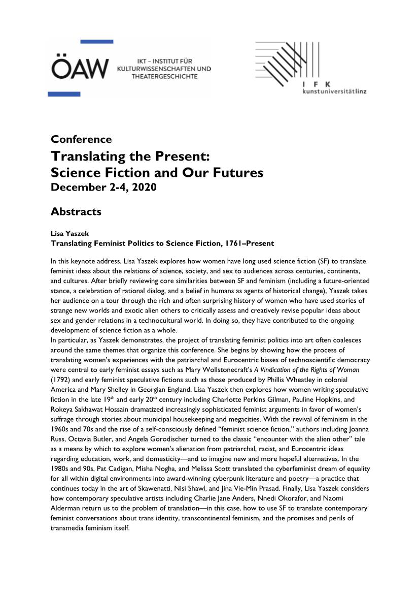 Translating the Present: Science Fiction and Our Futures December 2-4, 2020
