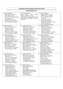 Telanagana State Beverages Corporation Limited Depots Address List