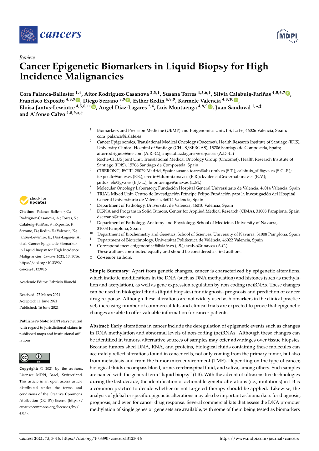 Cancer Epigenetic Biomarkers in Liquid Biopsy for High Incidence Malignancies