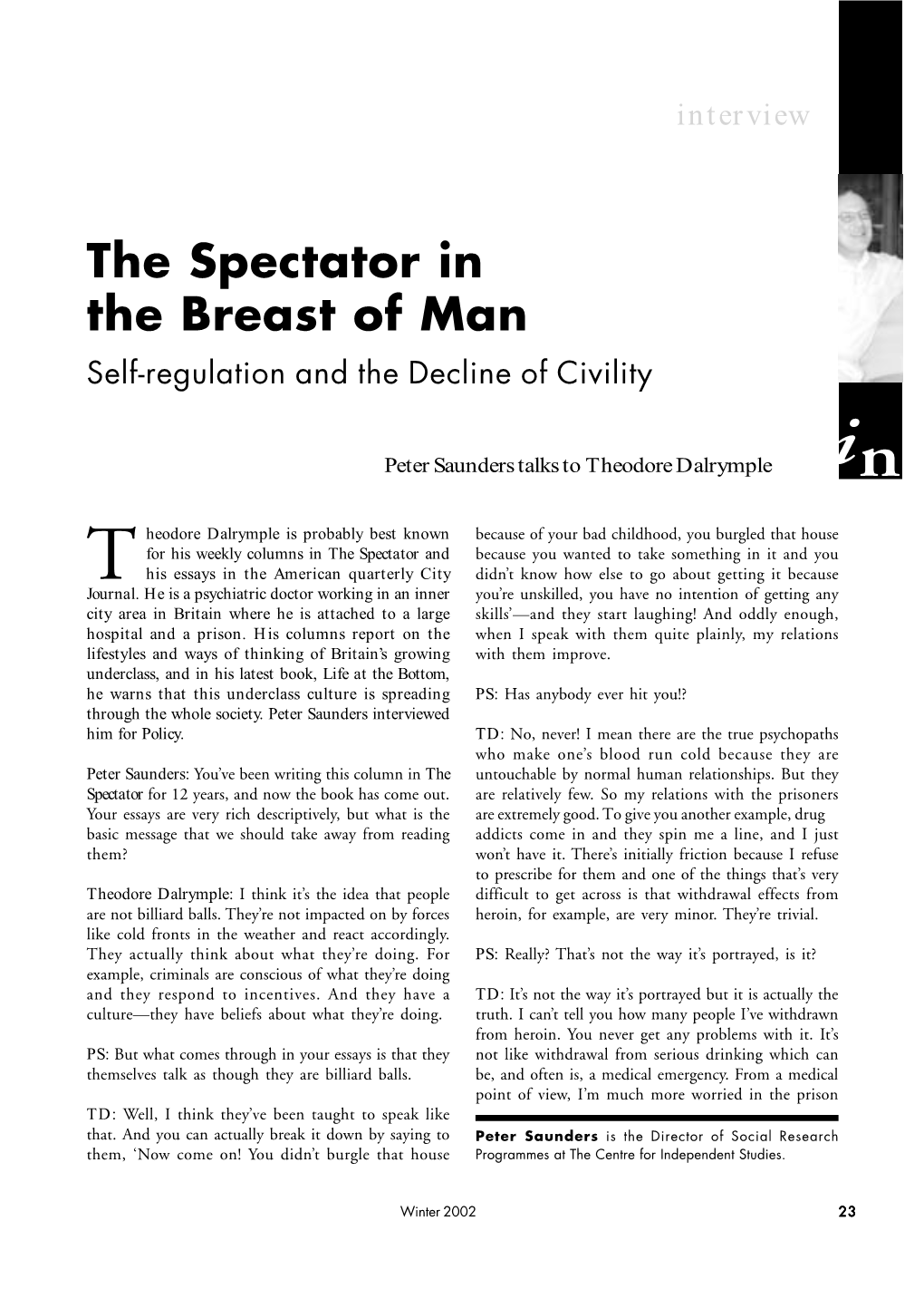 The Spectator in the Breast of Man Self-Regulation and the Decline of Civility