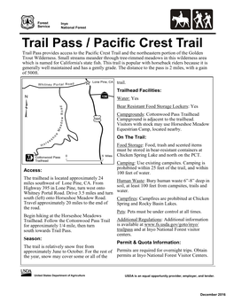 Trail Pass / Pacific Crest Trail Trail Pass Provides Access to the Pacific Crest Trail and the Northeastern Portion of the Golden Trout Wilderness