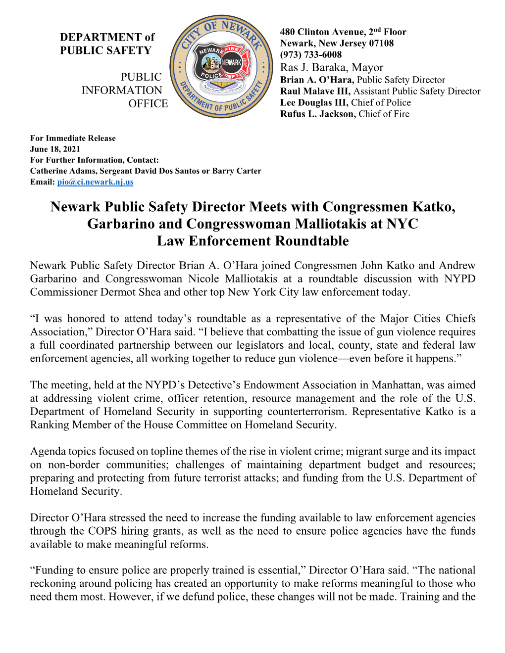 Newark Public Safety Director Meets with Congressmen Katko, Garbarino and Congresswoman Malliotakis at NYC Law Enforcement Roundtable