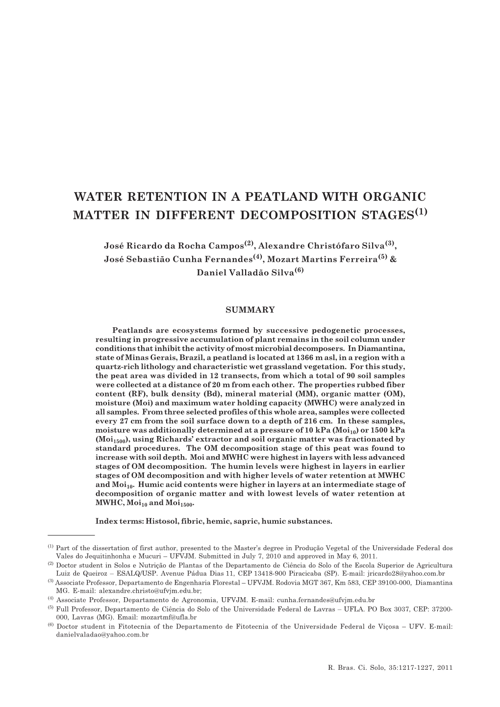 Water Retention in a Peatland with Organic Matter in Different