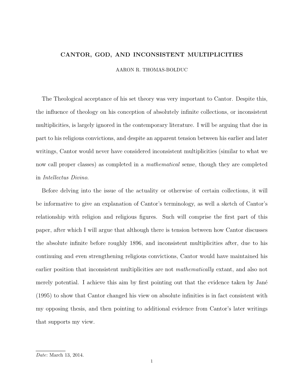 CANTOR, GOD, and INCONSISTENT MULTIPLICITIES the Theological