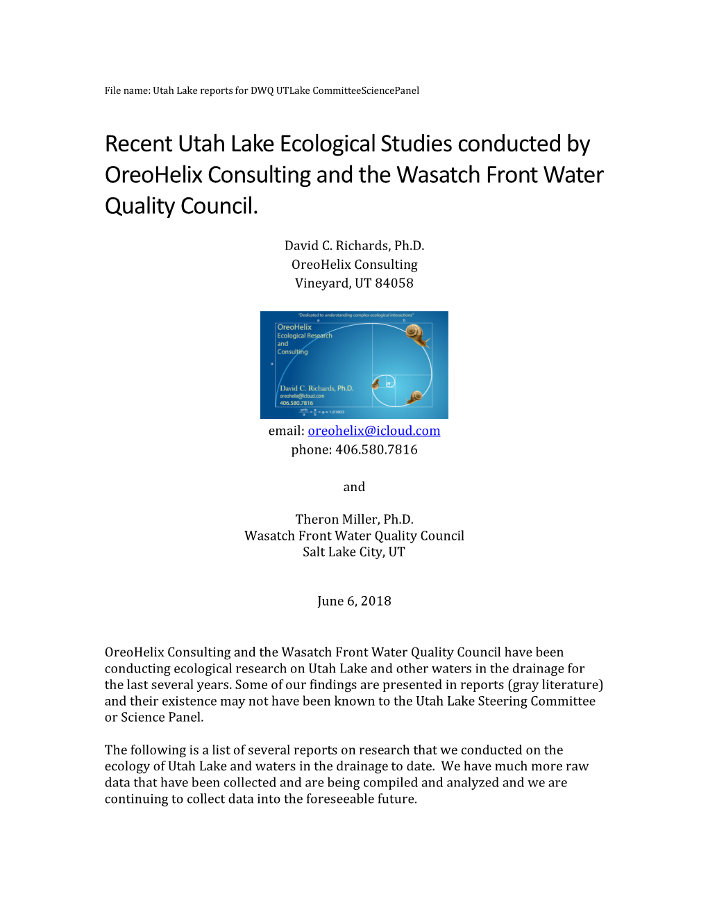 Recent Utah Lake Ecological Studies Conducted by Oreohelix Consulting and the Wasatch Front Water Quality Council