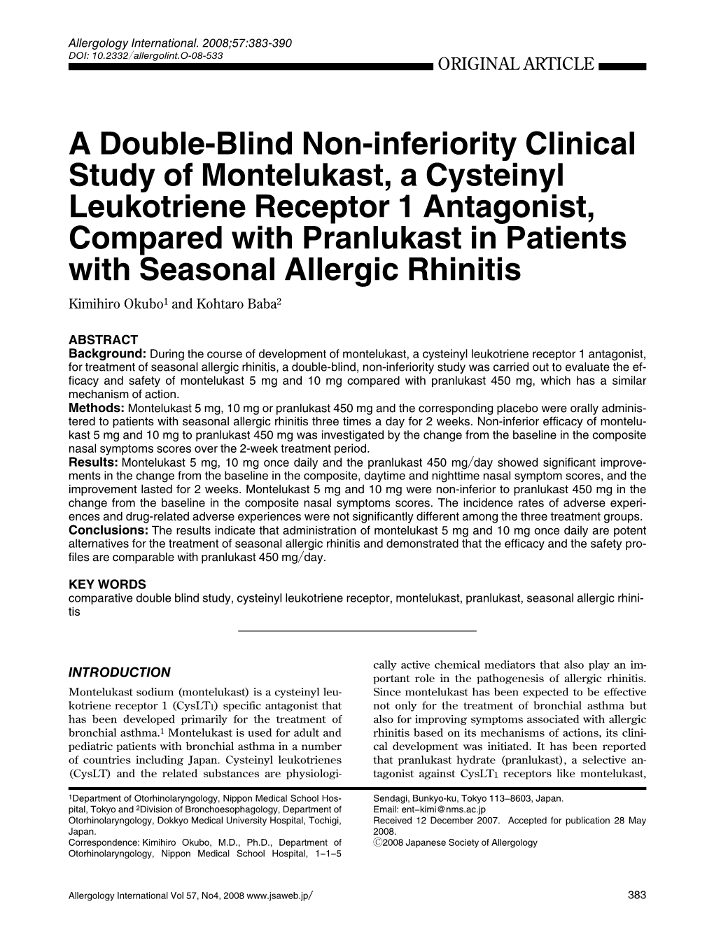 A Double-Blind Non-Inferiority Clinical Study of Montelukast, a Cysteinyl