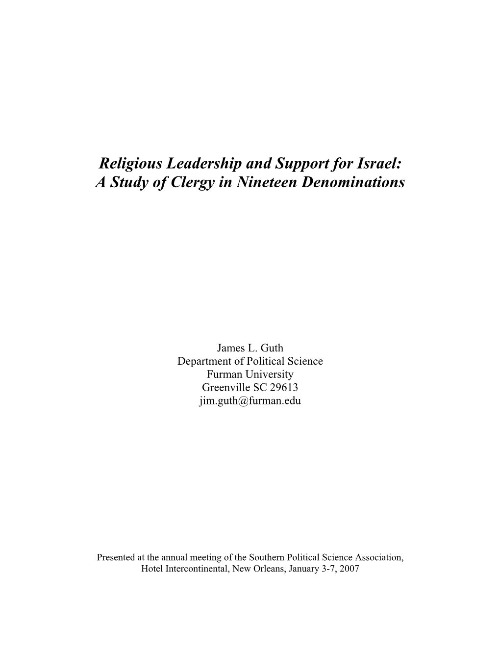Religious Leadership and Support for Israel: a Study of Clergy in Nineteen Denominations
