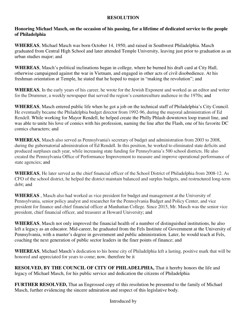 RESOLUTION Honoring Michael Masch, on the Occasion of His