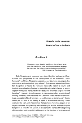Nietzsche Contra Lawrence: How to Be True to the Earth