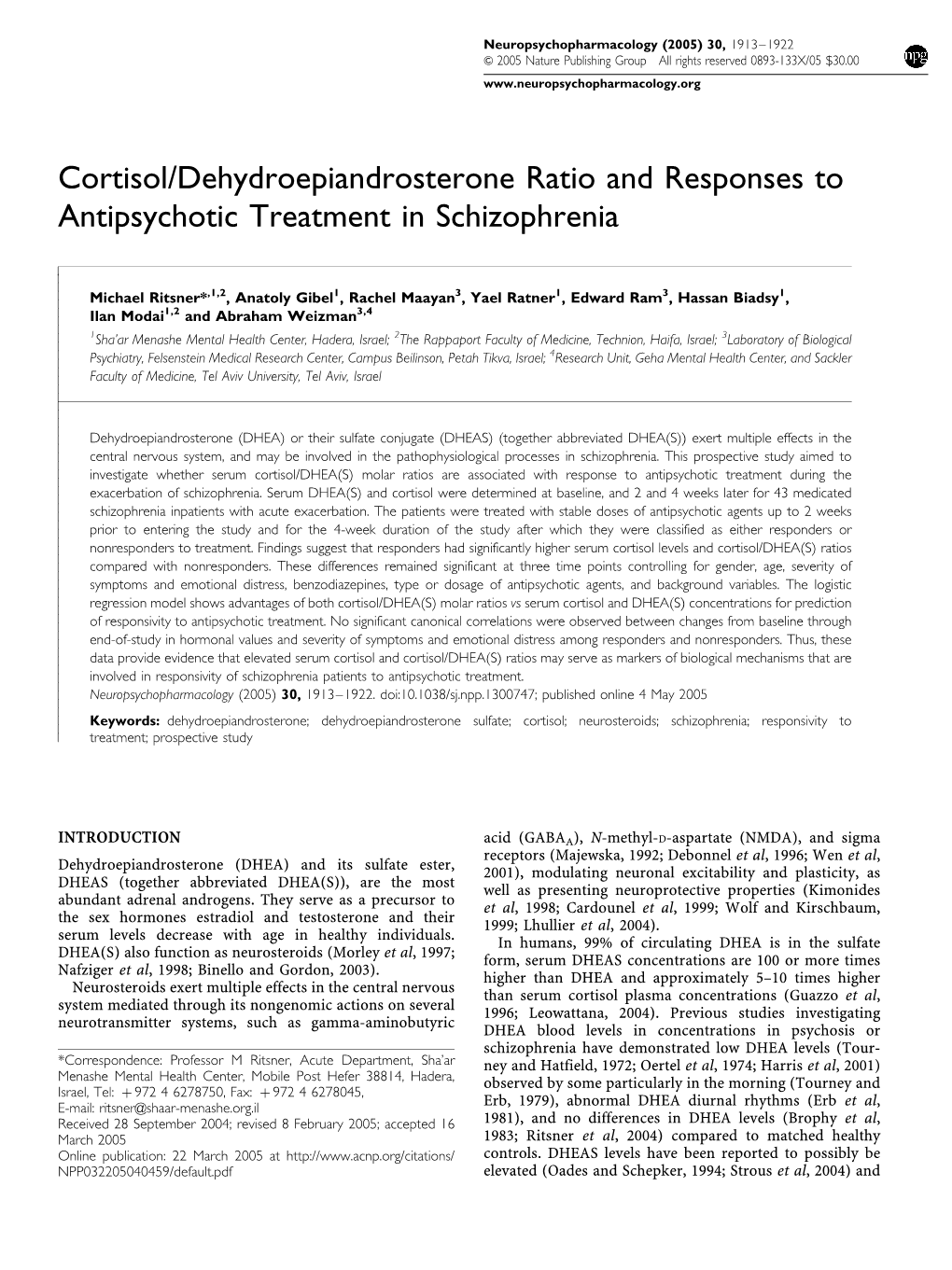 Cortisol/Dehydroepiandrosterone Ratio and Responses to Antipsychotic Treatment in Schizophrenia