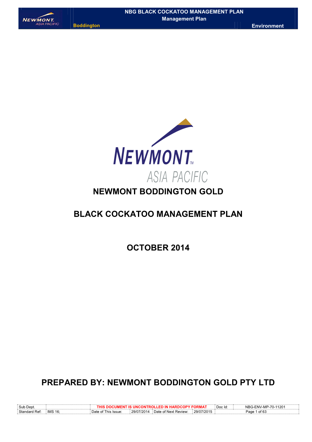 NBG BLACK COCKATOO MANAGEMENT PLAN Management Plan Boddington Environment
