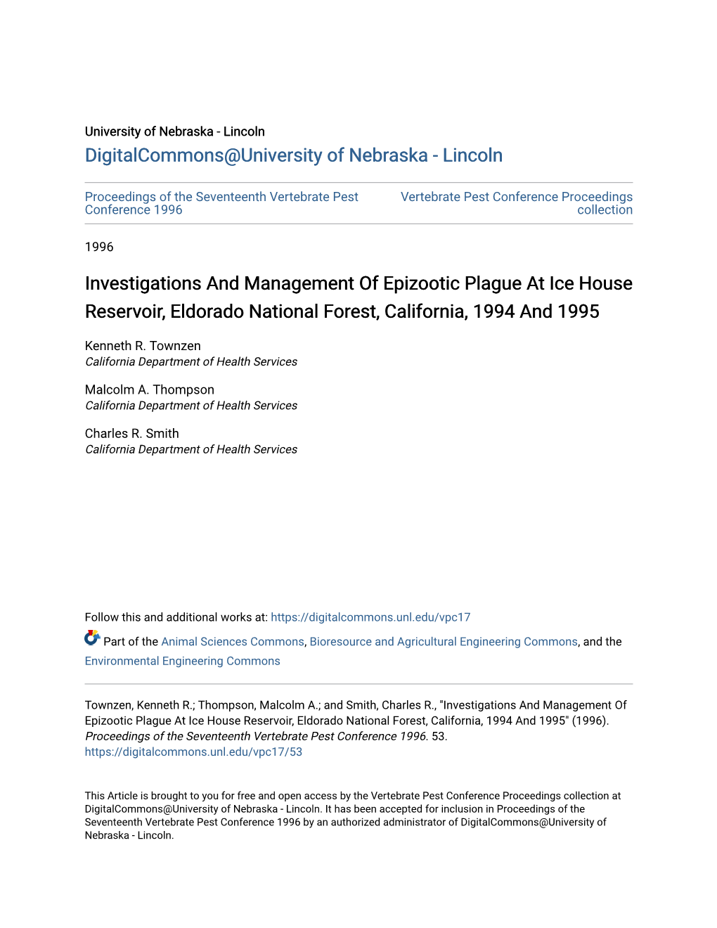 Investigations and Management of Epizootic Plague at Ice House Reservoir, Eldorado National Forest, California, 1994 and 1995