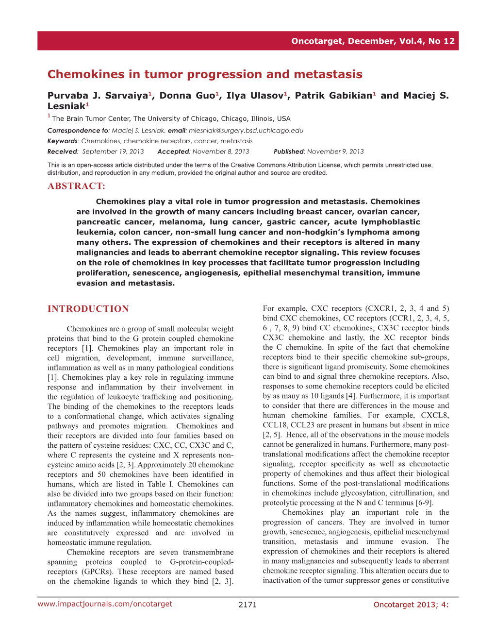 Chemokines in Tumor Progression and Metastasis