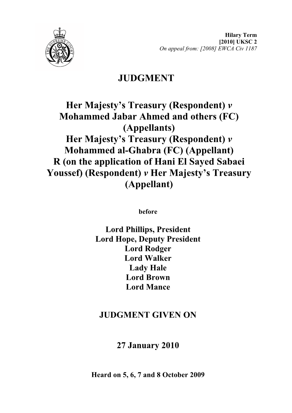 Her Majesty's Treasury (Respondent) V Mohammed Jabar Ahmed And