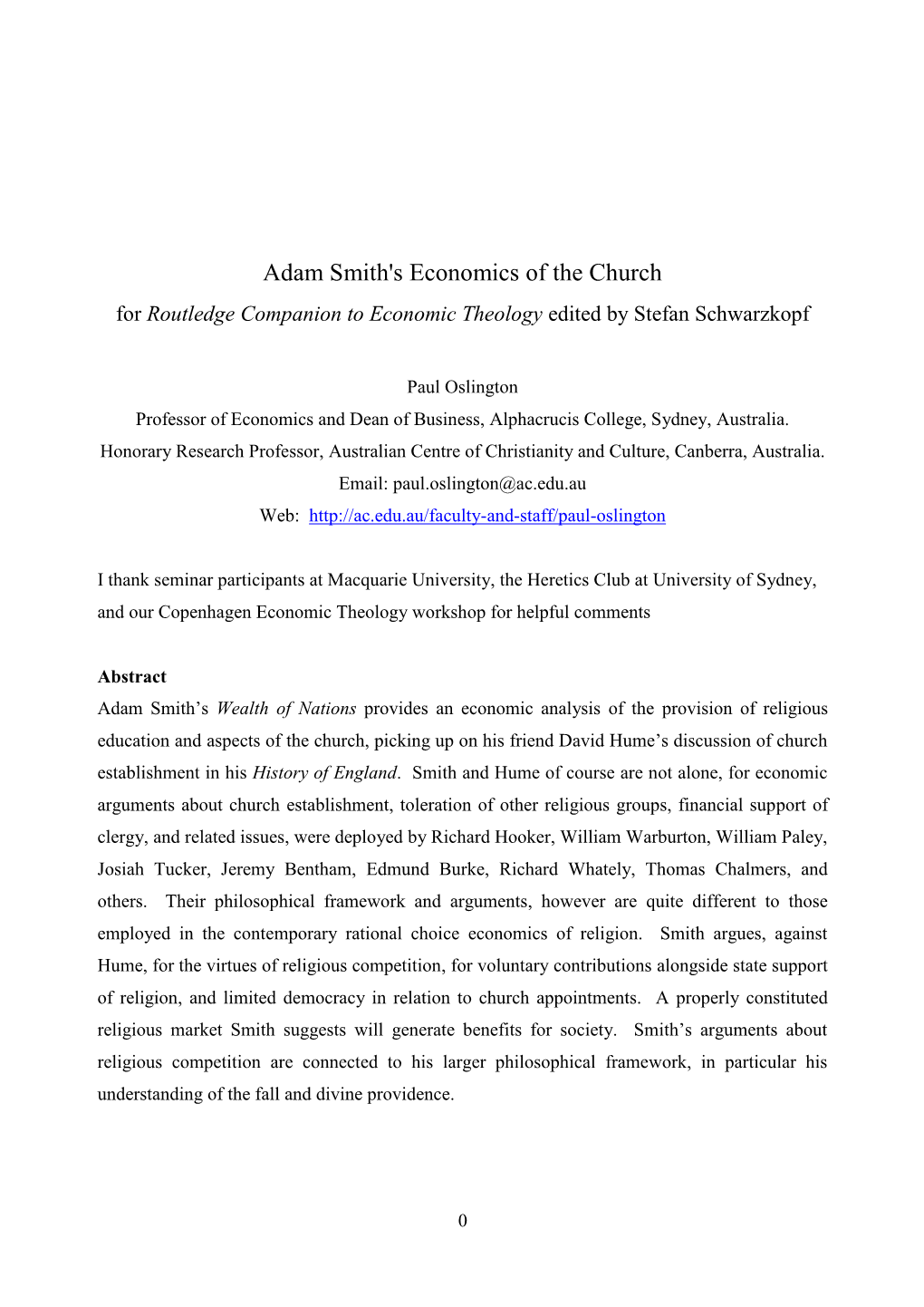 Adam Smith's Economics of the Church for Routledge Companion to Economic Theology Edited by Stefan Schwarzkopf