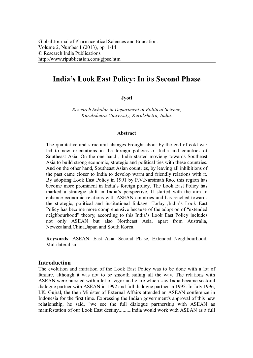 India's Look East Policy: in Its Second Phase