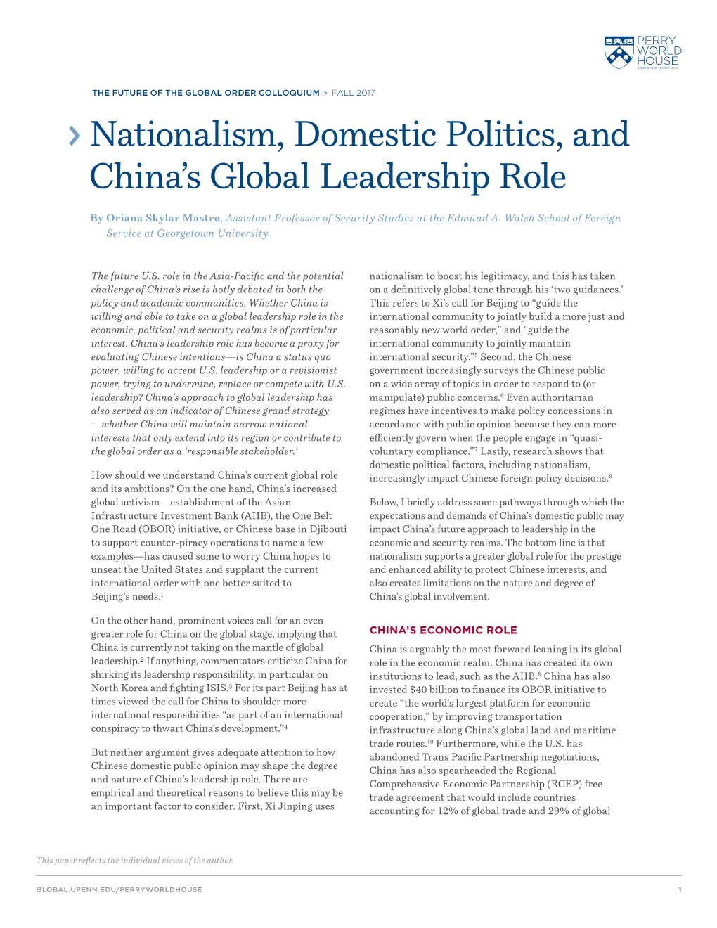 Nationalism, Domestic Politics, and China's Global Leadership Role