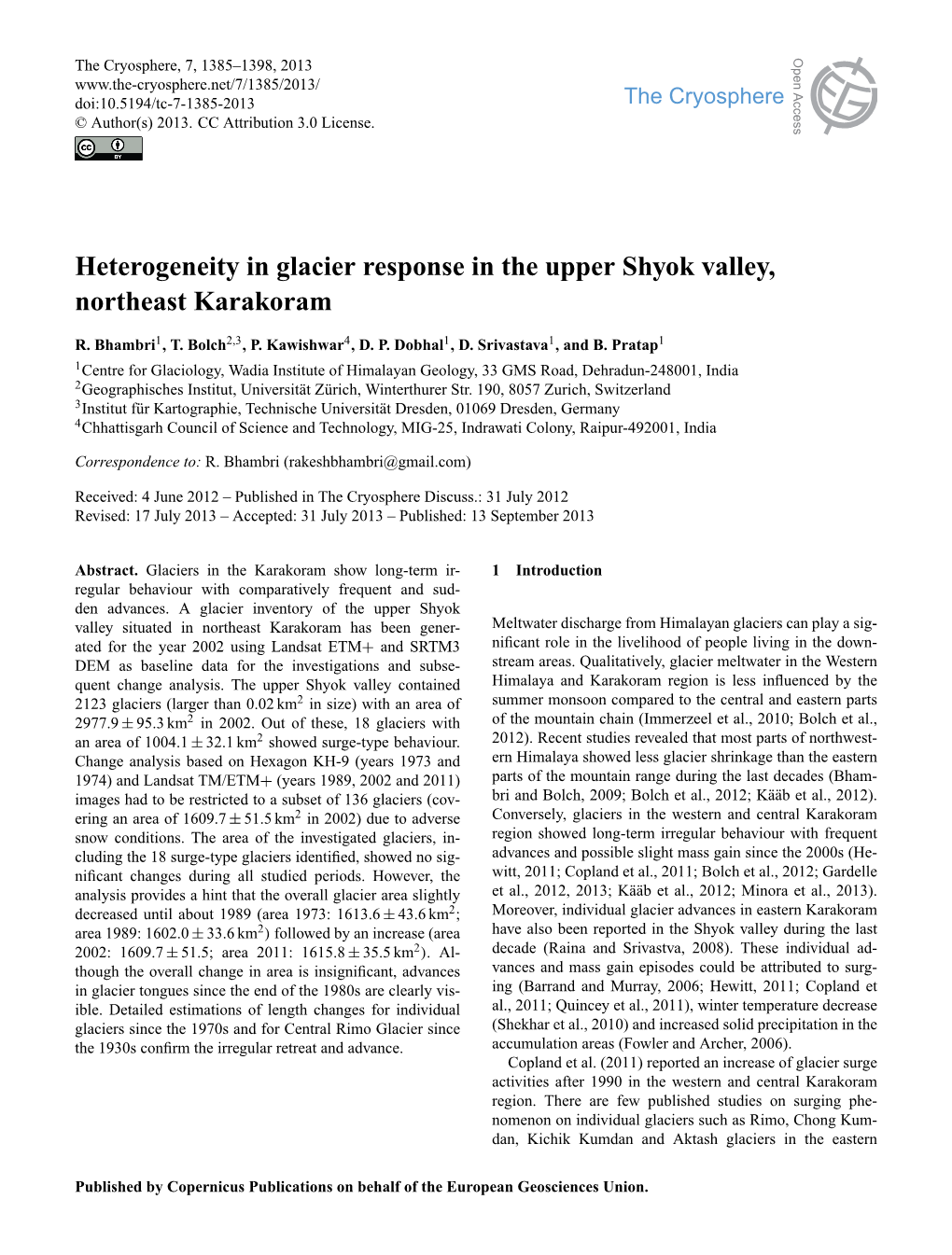 Heterogeneity in Glacier Response in the Upper Shyok Valley, Northeast Karakoram