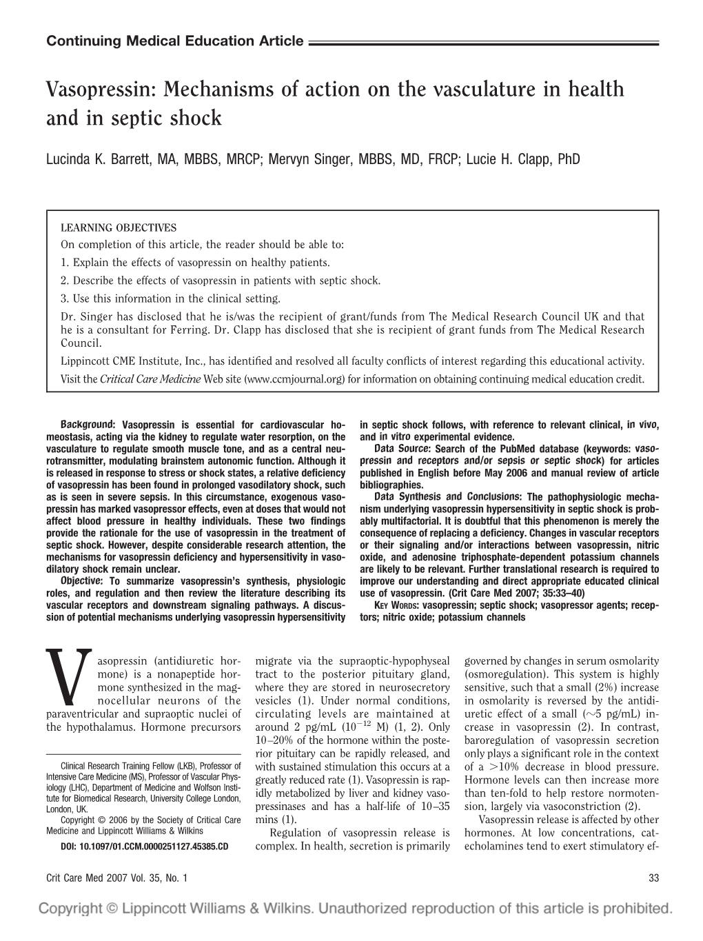 Vasopressin: Mechanisms of Action on the Vasculature in Health and in Septic Shock