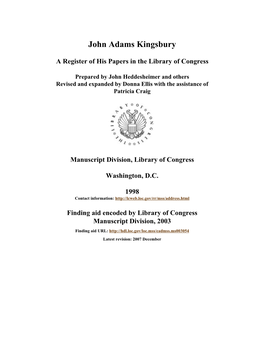 Papers of John Adams Kingsbury [Finding Aid]. Library of Congress