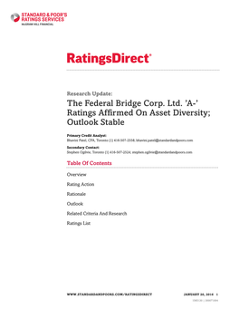 The Federal Bridge Corp. Ltd. 'A-' Ratings Affirmed on Asset Diversity; Outlook Stable