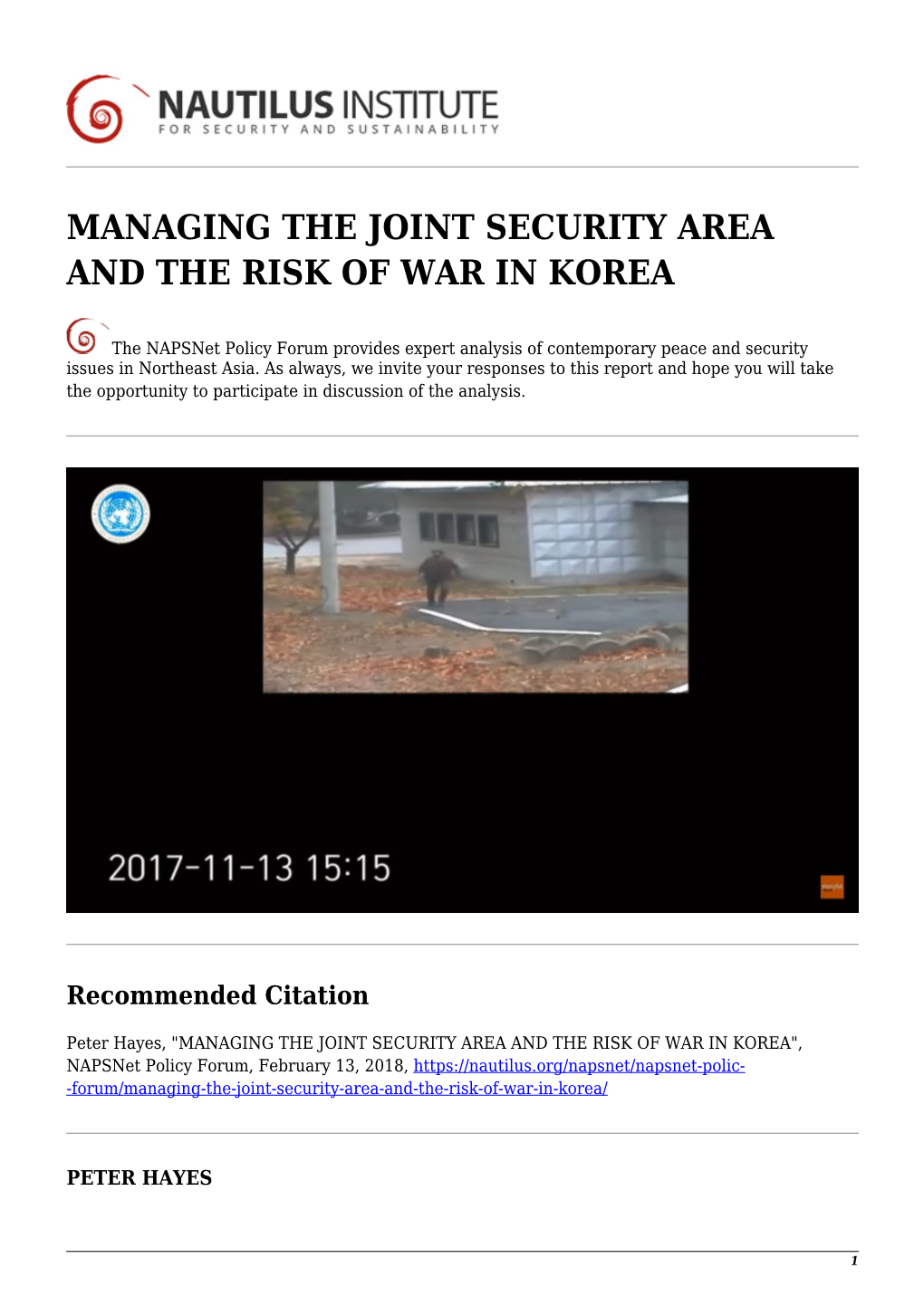 Managing the Joint Security Area and the Risk of War in Korea