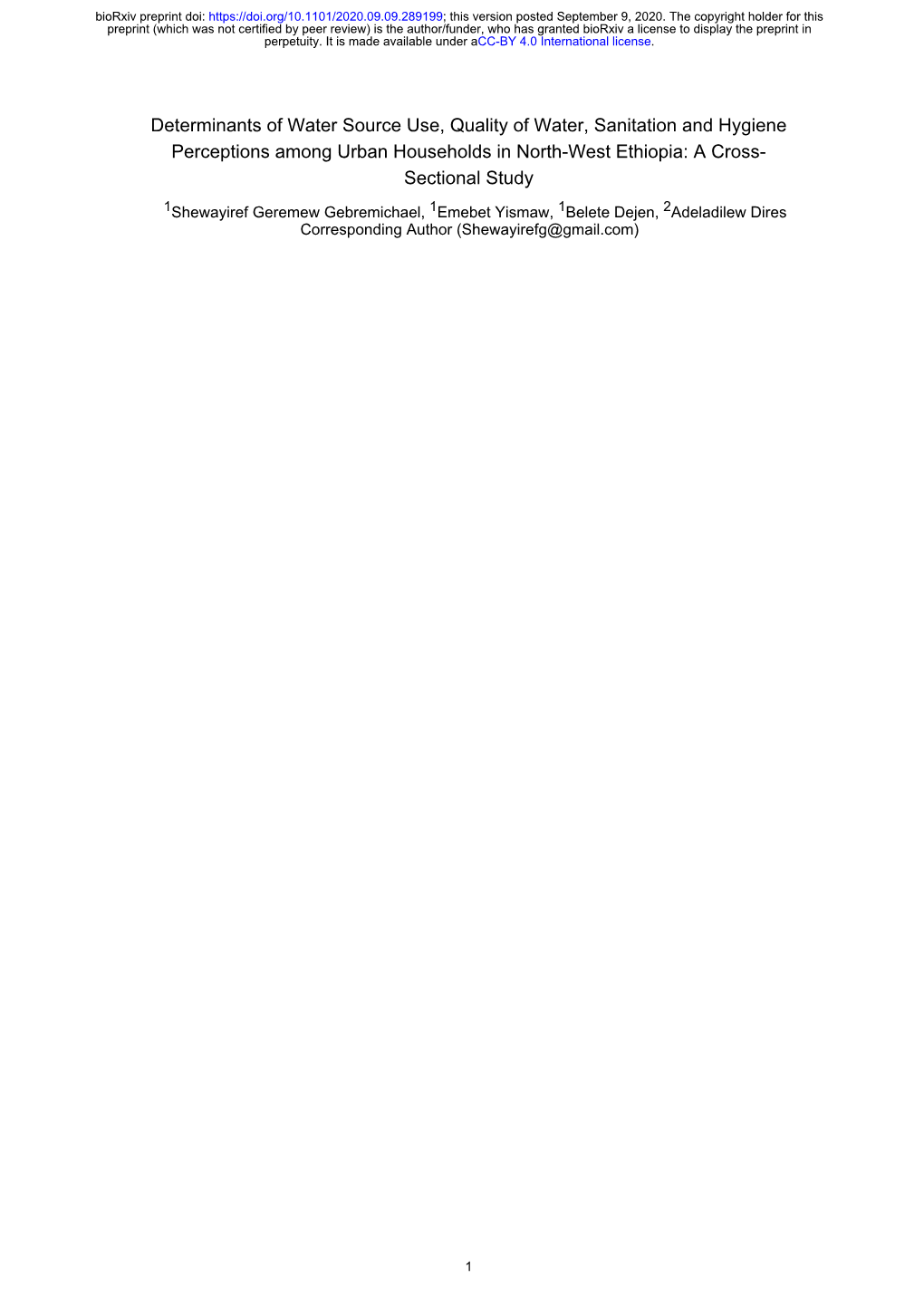 Determinants of Water Source Use, Quality of Water, Sanitation and Hygiene Perceptions Among Urban Households in North-West Ethiopia: a Cross- Sectional Study