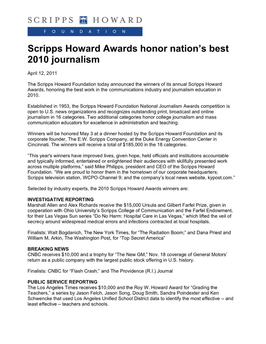 Scripps Howard Awards Honor Nation's Best 2010 Journalism