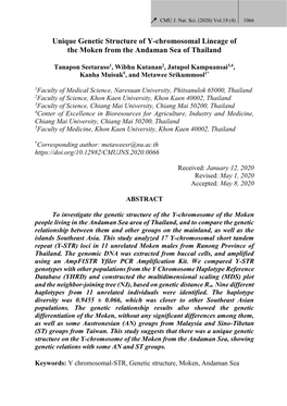 Unique Genetic Structure of Y-Chromosomal Lineage of the Moken from the Andaman Sea of Thailand