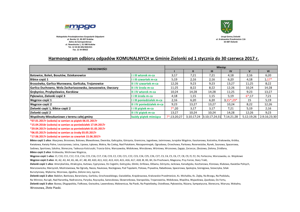 Harmonogram Odbioru Odpadów KOMUNALNYCH W Gminie Zielonki Od 1 Stycznia Do 30 Czerwca 2017 R