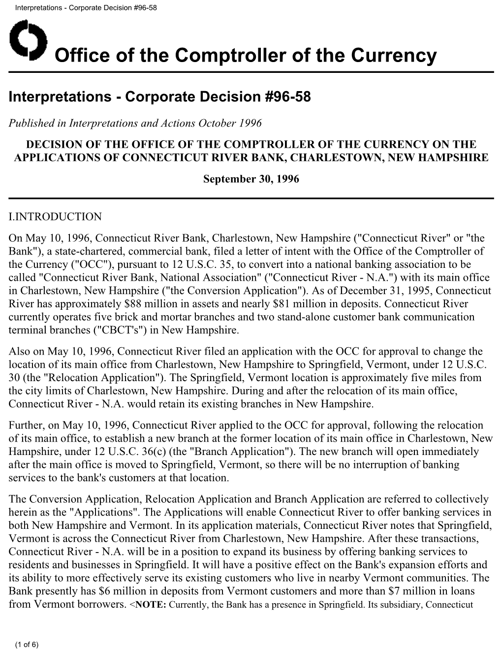 Interpretations - Corporate Decision #96-58