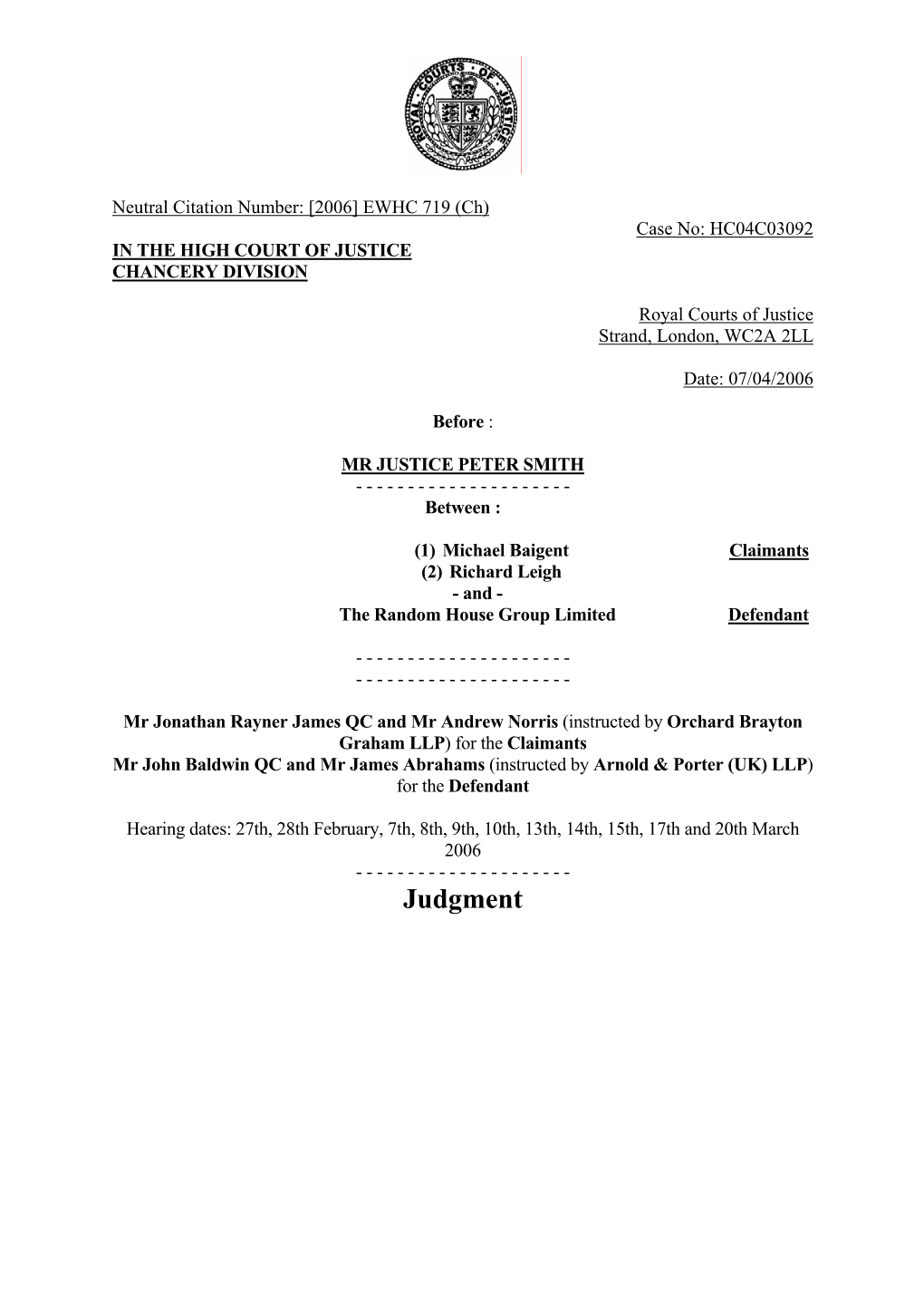 Baigent V Random House Chd 7 Apr 2006