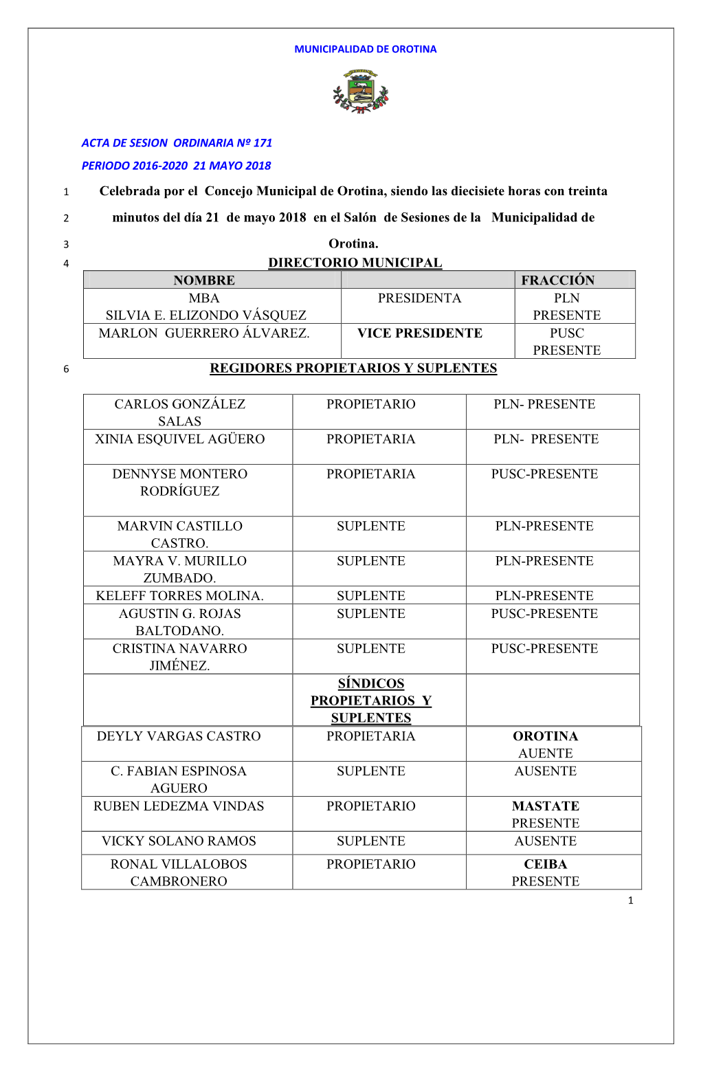 Acta De Sesion Ordinaria Nº 171 Periodo 2016-2020 21 Mayo 2018