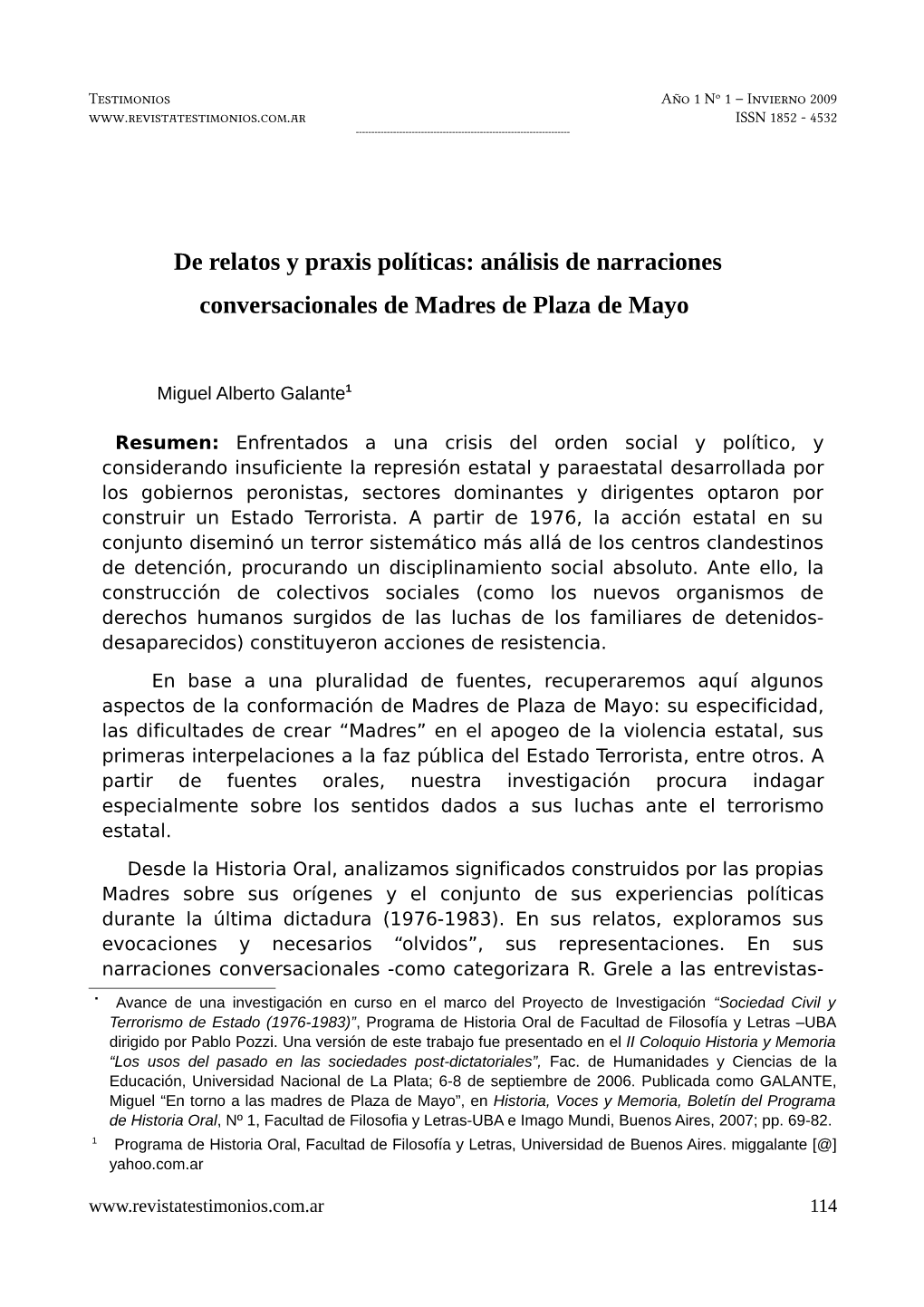 Análisis De Narraciones Conversacionales De Madres De Plaza De Mayo∗