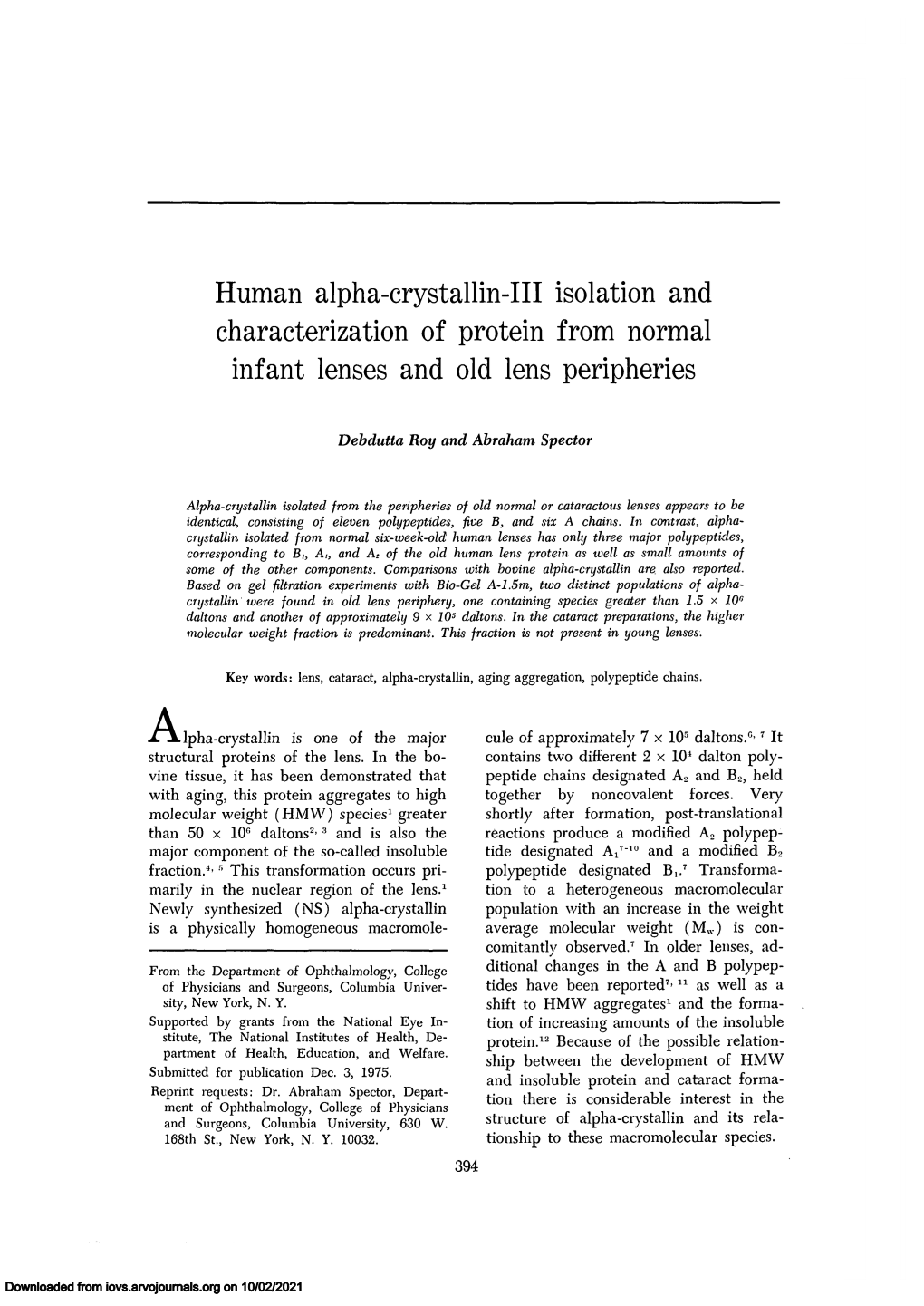 Human Alpha-Crystallin-III Isolation and Characterization of Protein from Normal Infant Lenses and Old Lens Peripheries
